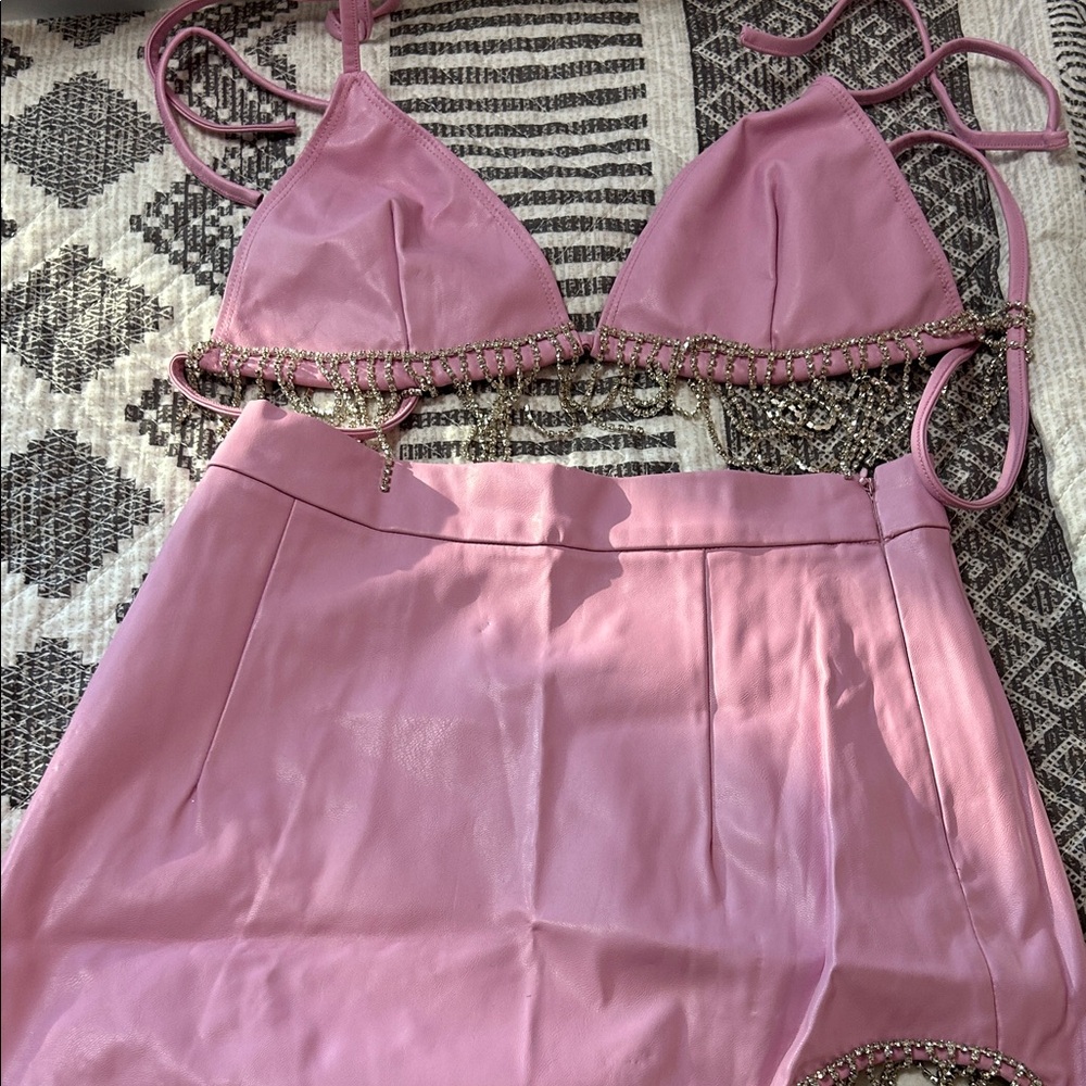 Pink Latex Skirt and Top Set with Chain Details
